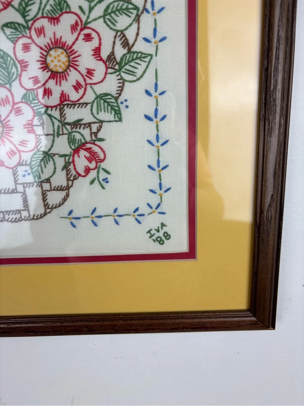 Vintage Hand-Embroidered Flower Basket”Give a Gift of Love Each Day”Frame/Matted